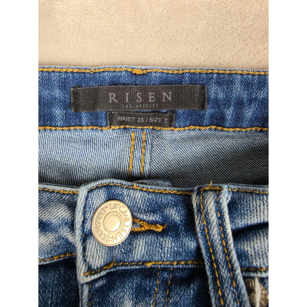 Risen Flare Jeans Womens 28/7 Blue High Rise Raw Hem Stretch Boho Bell RDP1292 - Picture 4 of 12